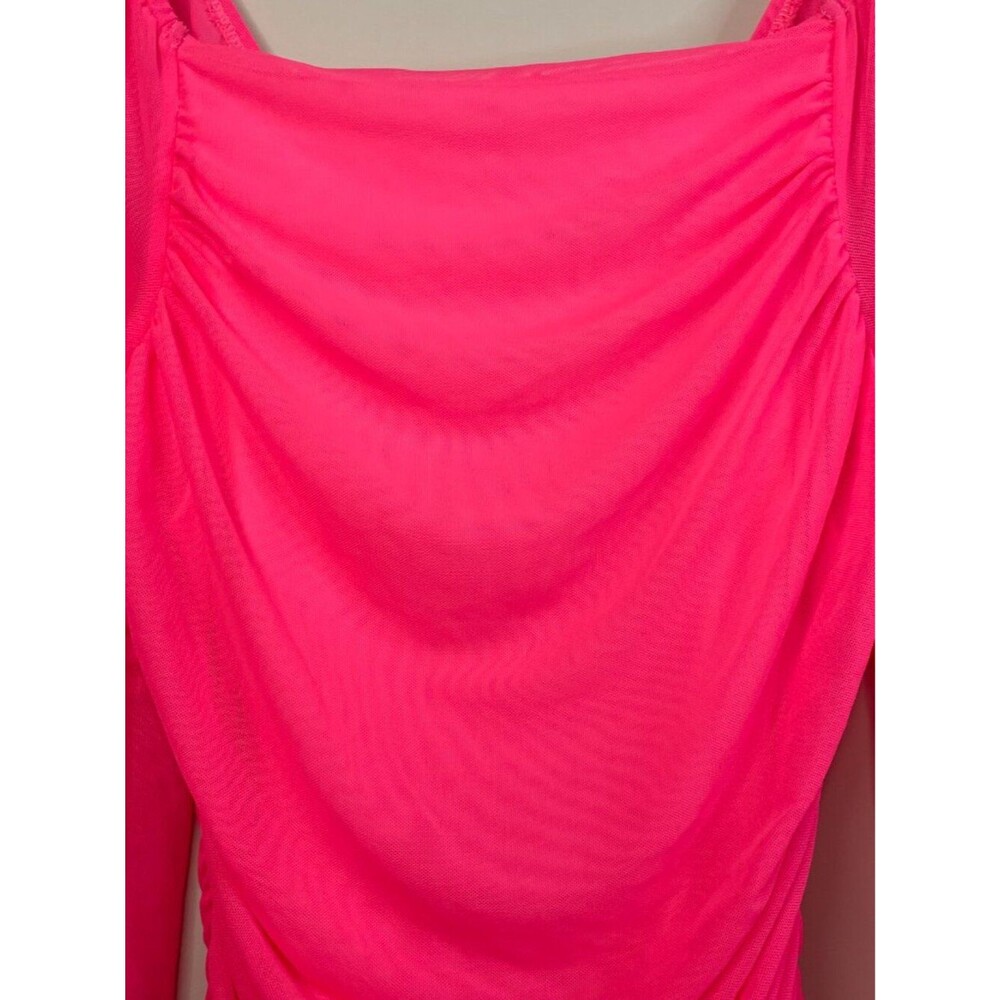 MEROKEETY Hot Pink Long Sleeve Square Neck Mesh Bodycon Midi Dress Size M 8-10 - Picture 9 of 15